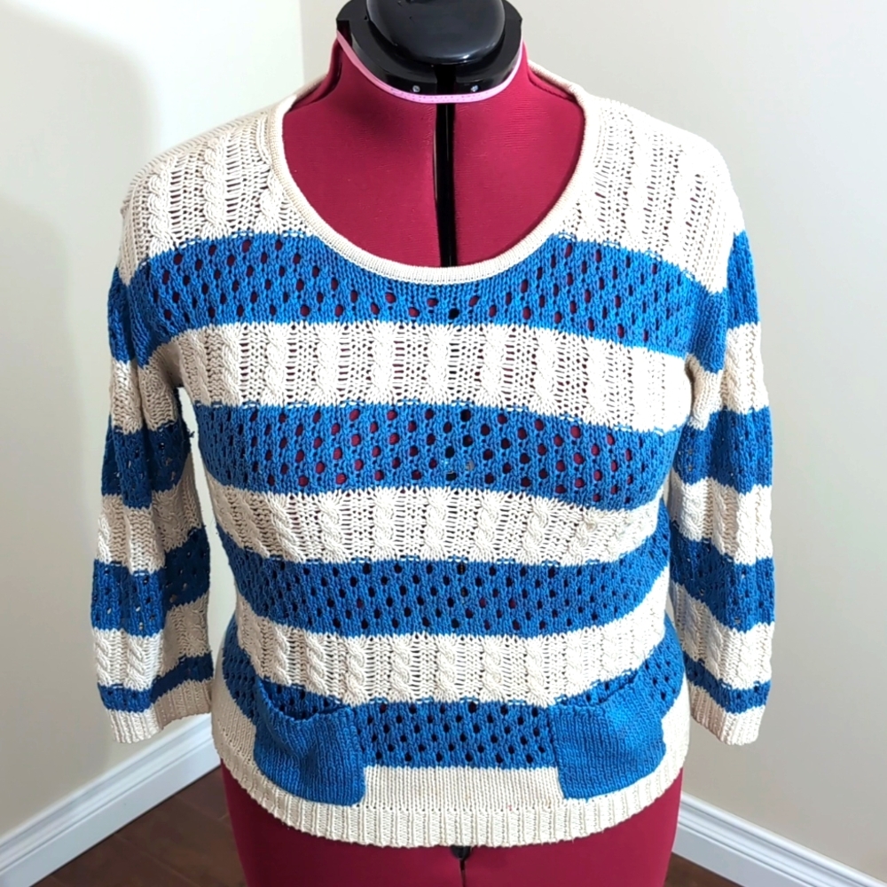 RD Style| Blue And White Striped Knit Crew Neck Sweater